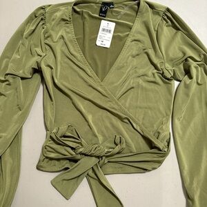 Khaki green wrap top with long sleeves and tie detail
